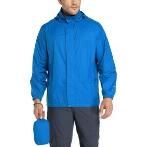 Men's Bright Blue Nylon Rain Shell Hood Full Zip Packable Windbreaker Jacket
